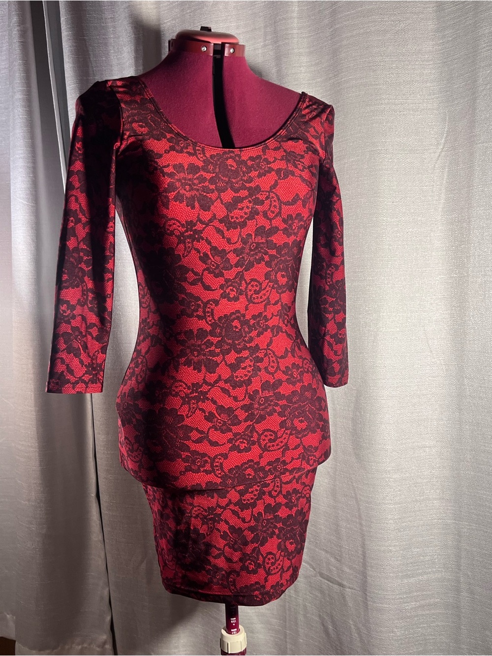American Apparel Red and Black Lace Bodycon Long Sleeve Dress